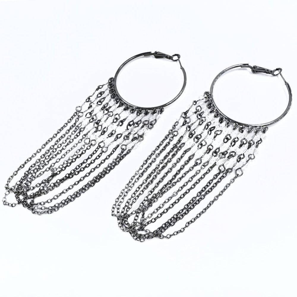 NWT - Catherine Stein - Large Gunmetal Tone Beaded Chain Dangle Hoop Earrings